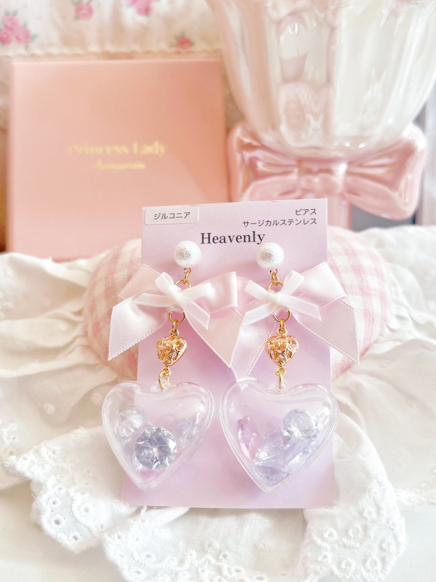 日本手工—蝴蝶結心形透明珠珠耳環