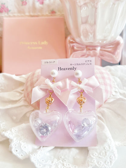 日本手工—蝴蝶結心形透明珠珠耳環