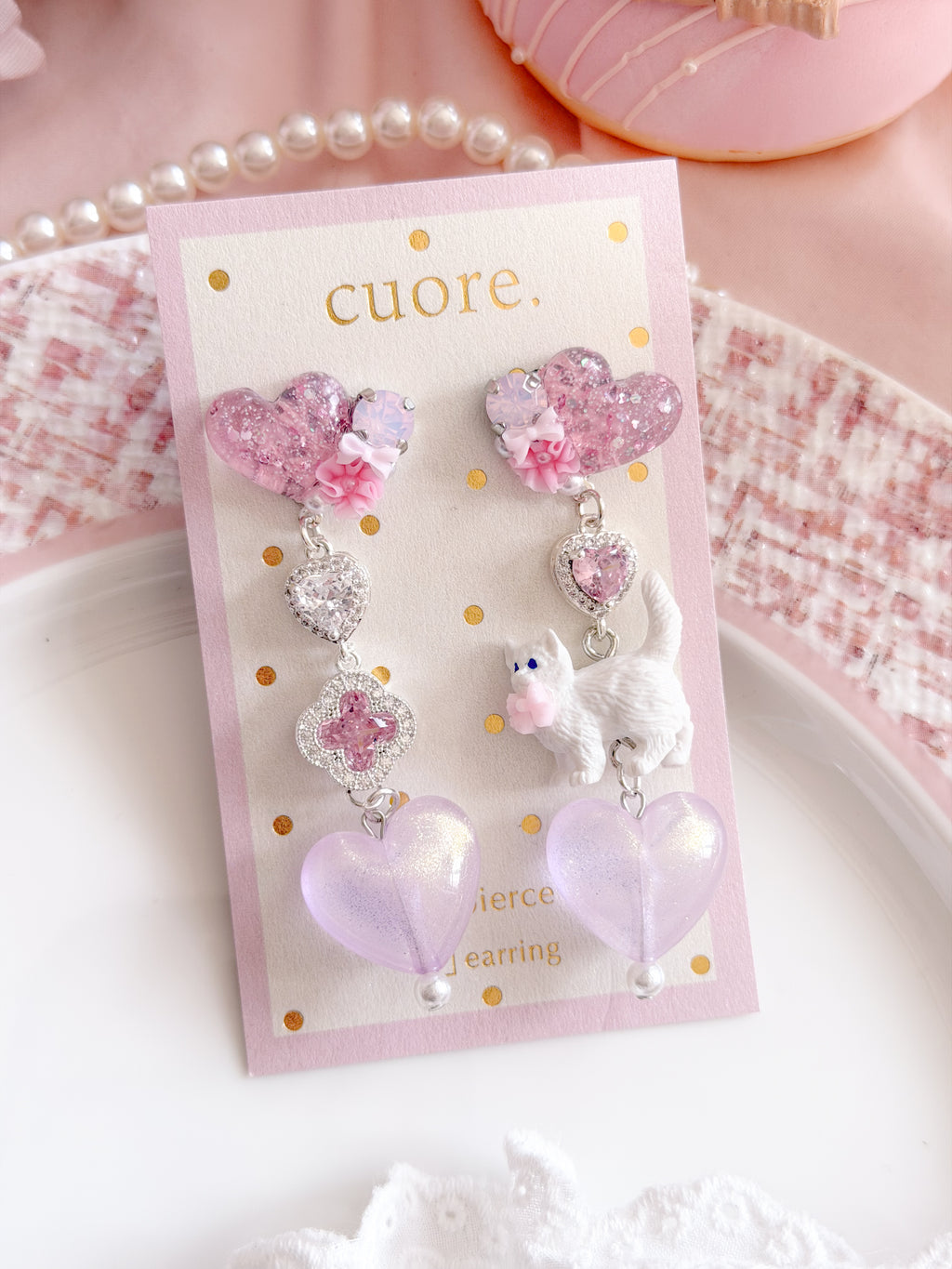 CUORE｜小貓愛心水晶花朵耳環