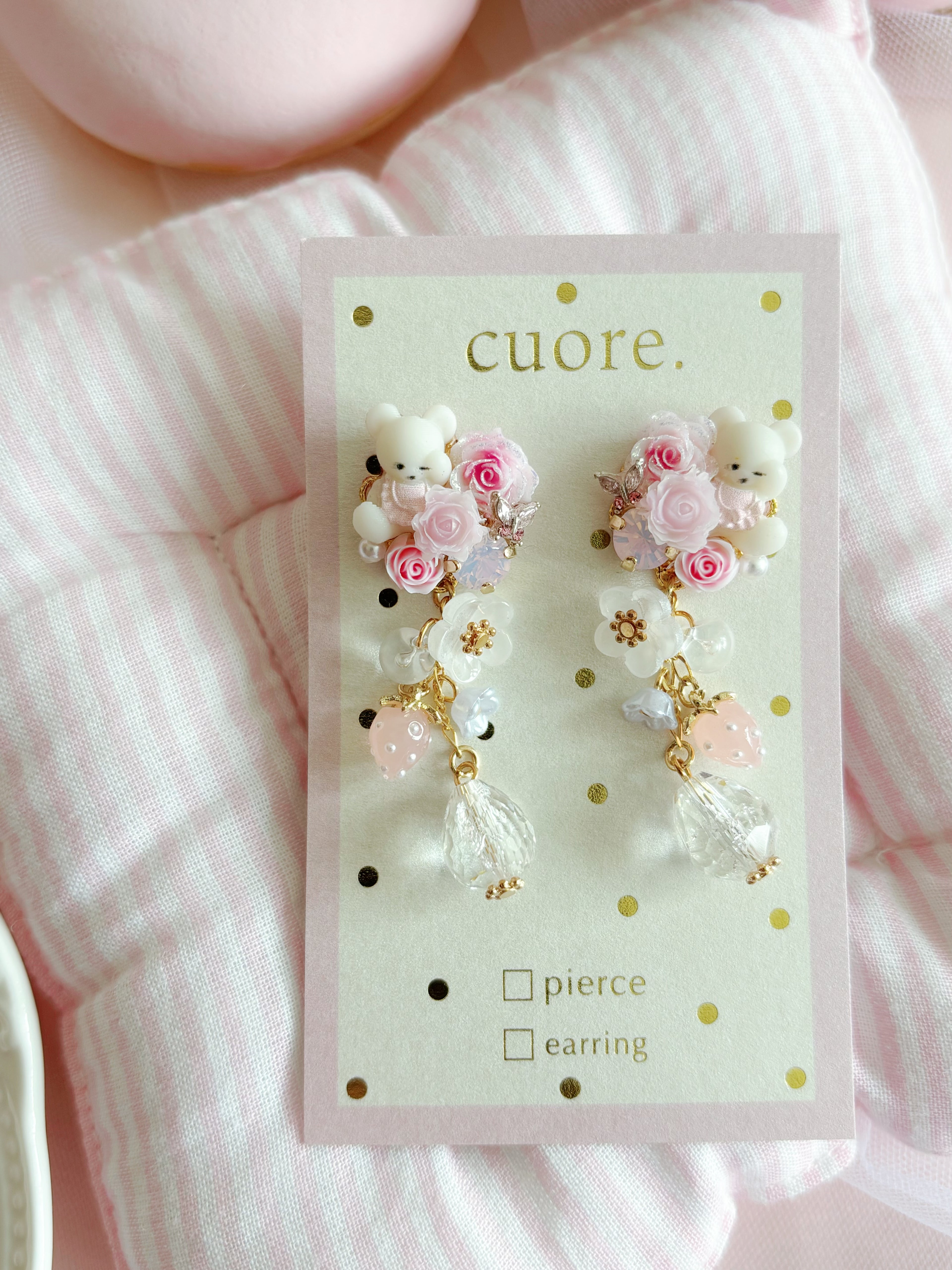 日本手工｜Cuore小熊玫瑰花水晶耳環