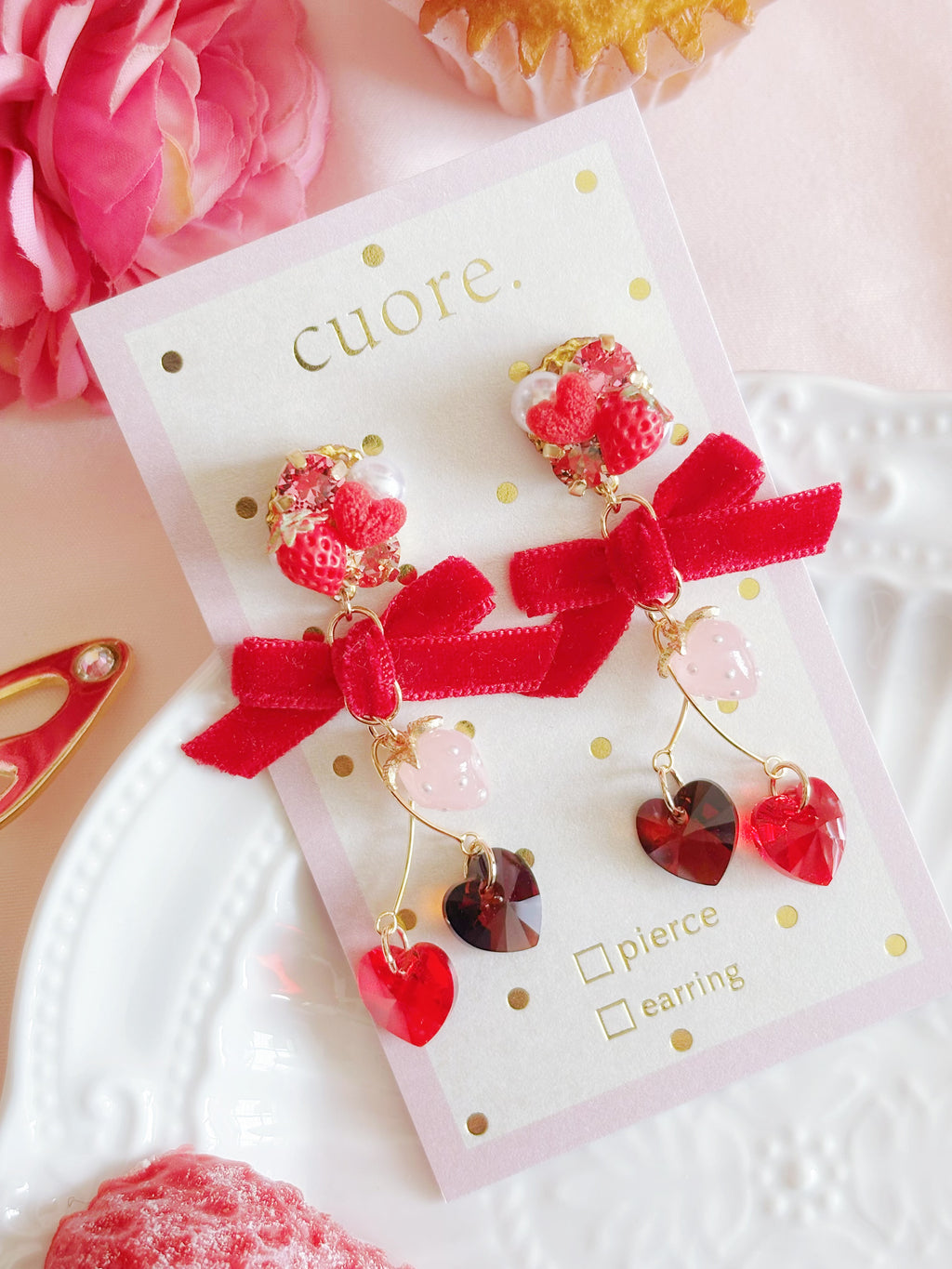 日本手工—Cuore紅色草莓蝴蝶結耳環