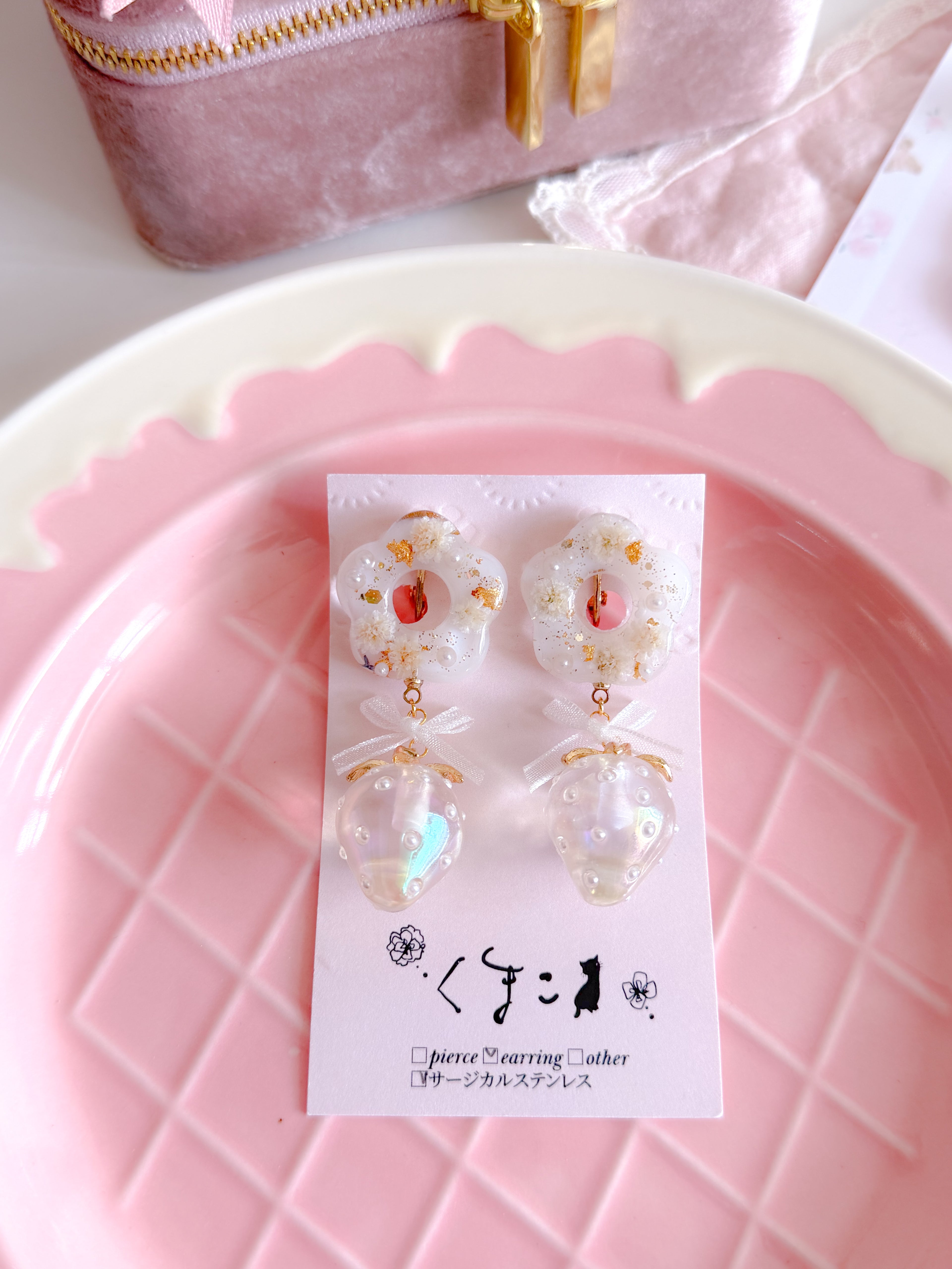 日本手工 | 櫻桃花朵透明珠吊墜耳夾