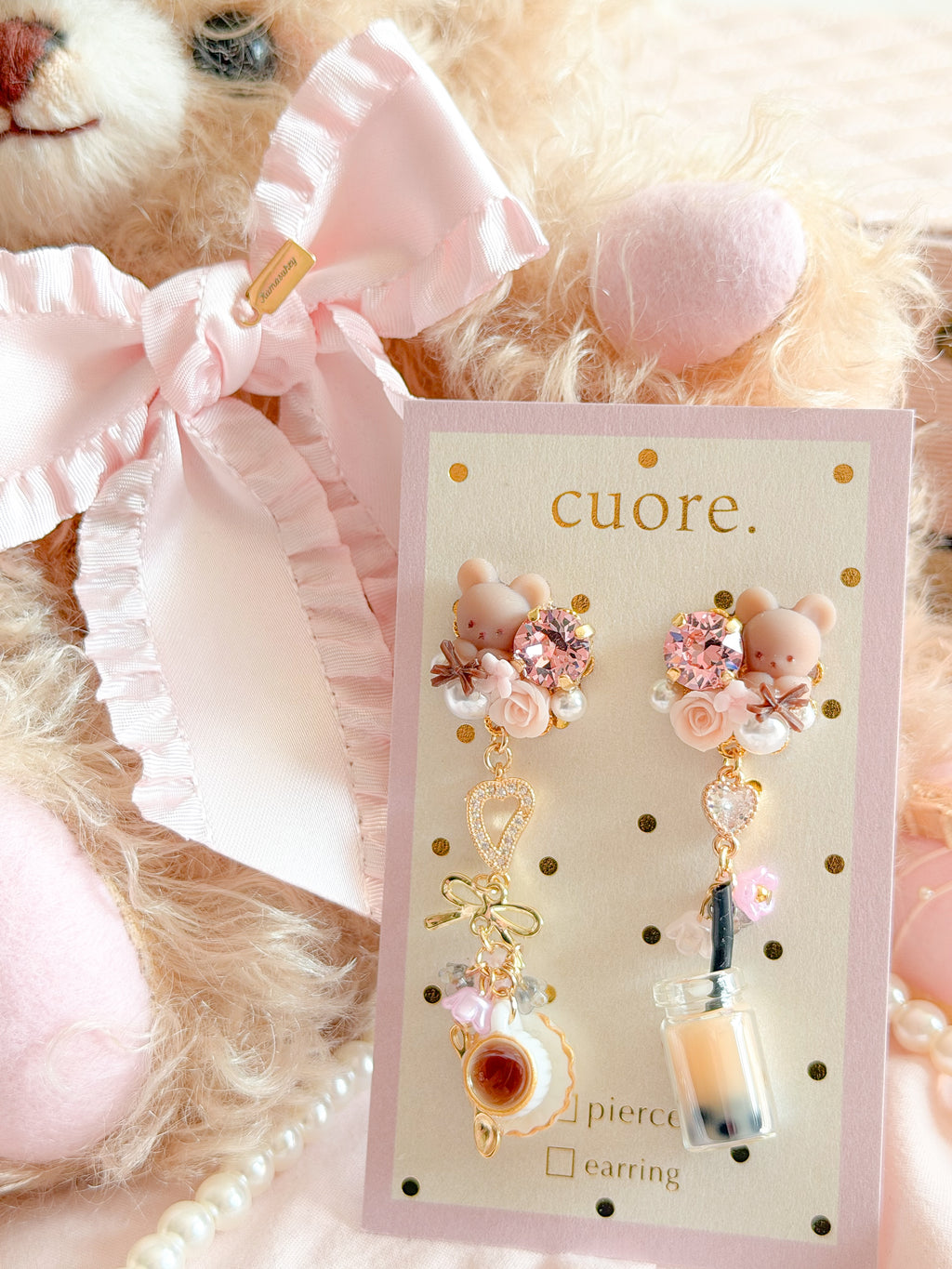 CUORE｜小熊珍珠奶茶花朵耳環