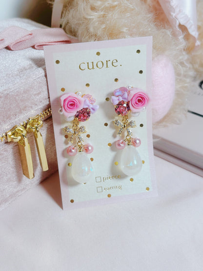 日本手作-樹脂玫瑰花幻彩水滴耳環