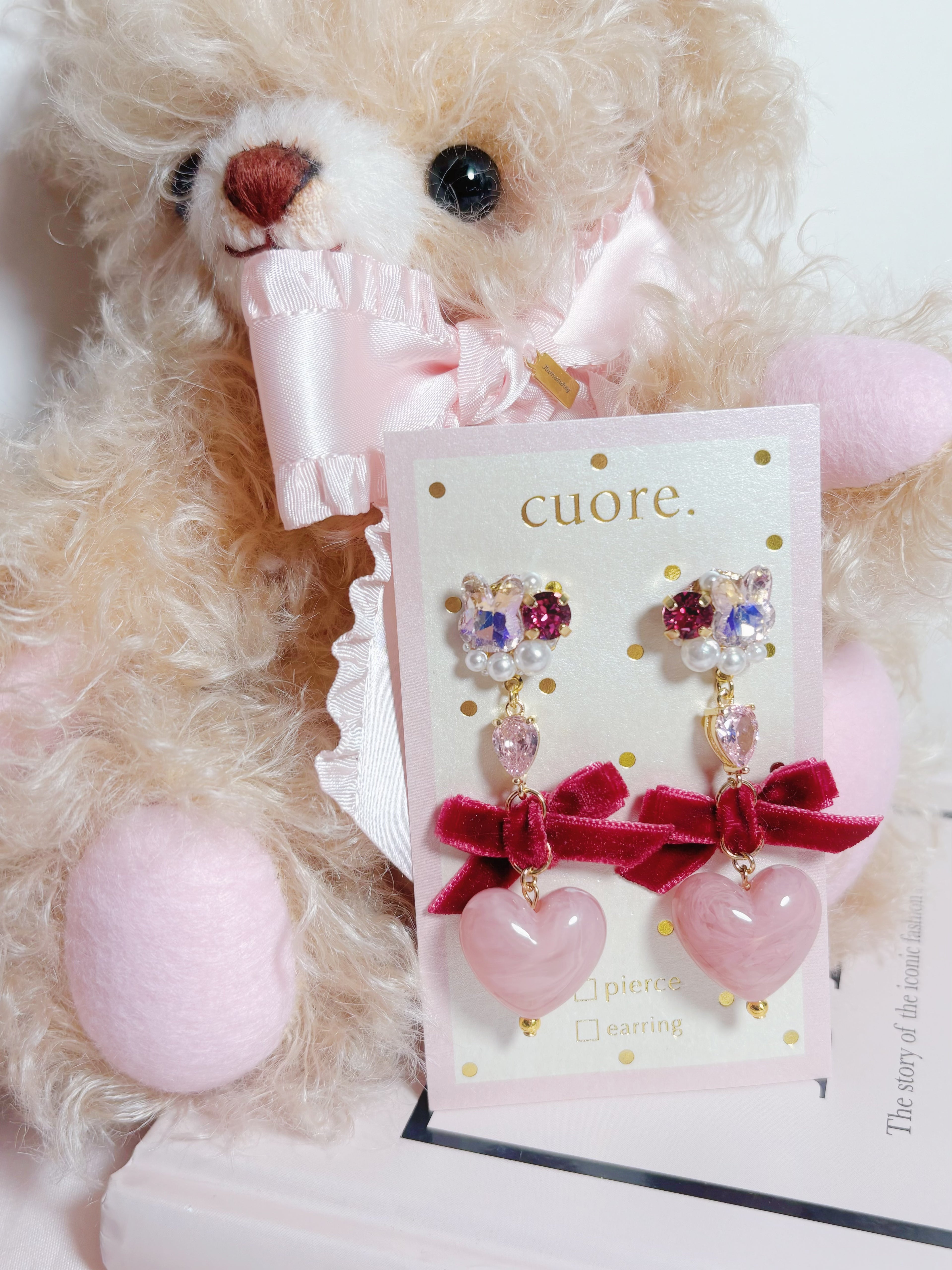 日本手作-水晶蝴蝶結心心耳夾