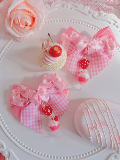 日本手工—格仔粉色草莓奶昔髮夾