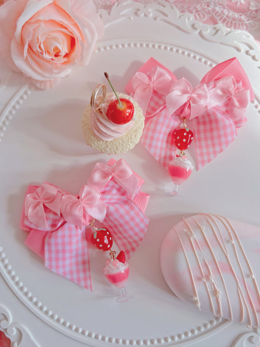 日本手工—格仔粉色草莓奶昔髮夾