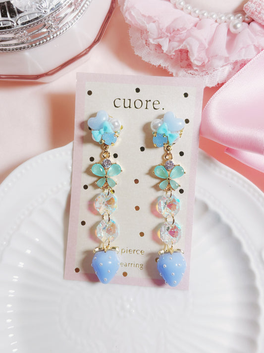 日本手工-粉藍水晶亮透蝴蝶結耳環