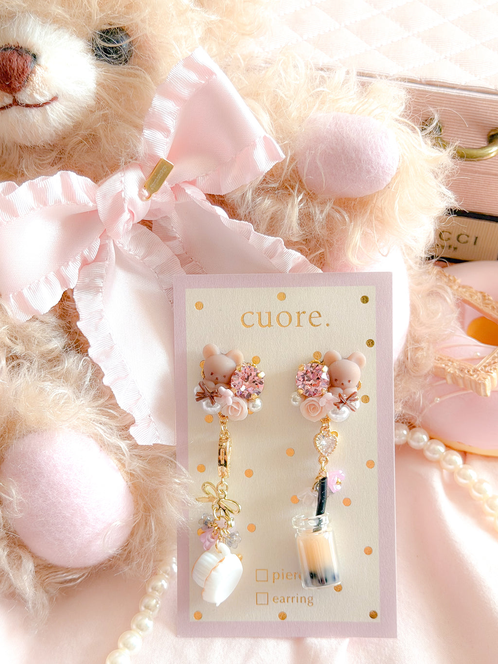 CUORE｜小熊珍珠奶茶花朵耳環
