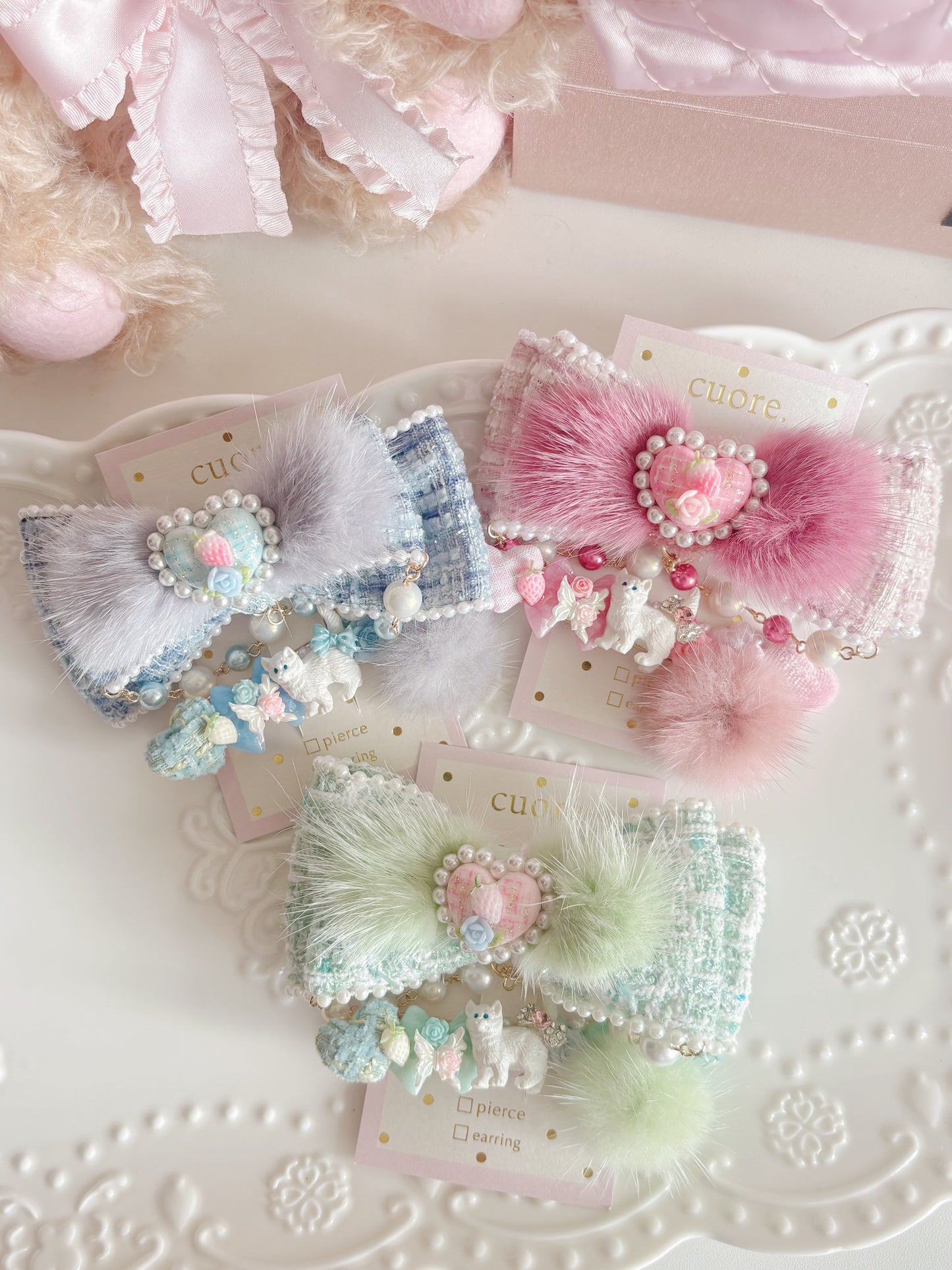 日本手工—限量小貓咪毛毛千鳥格髮夾