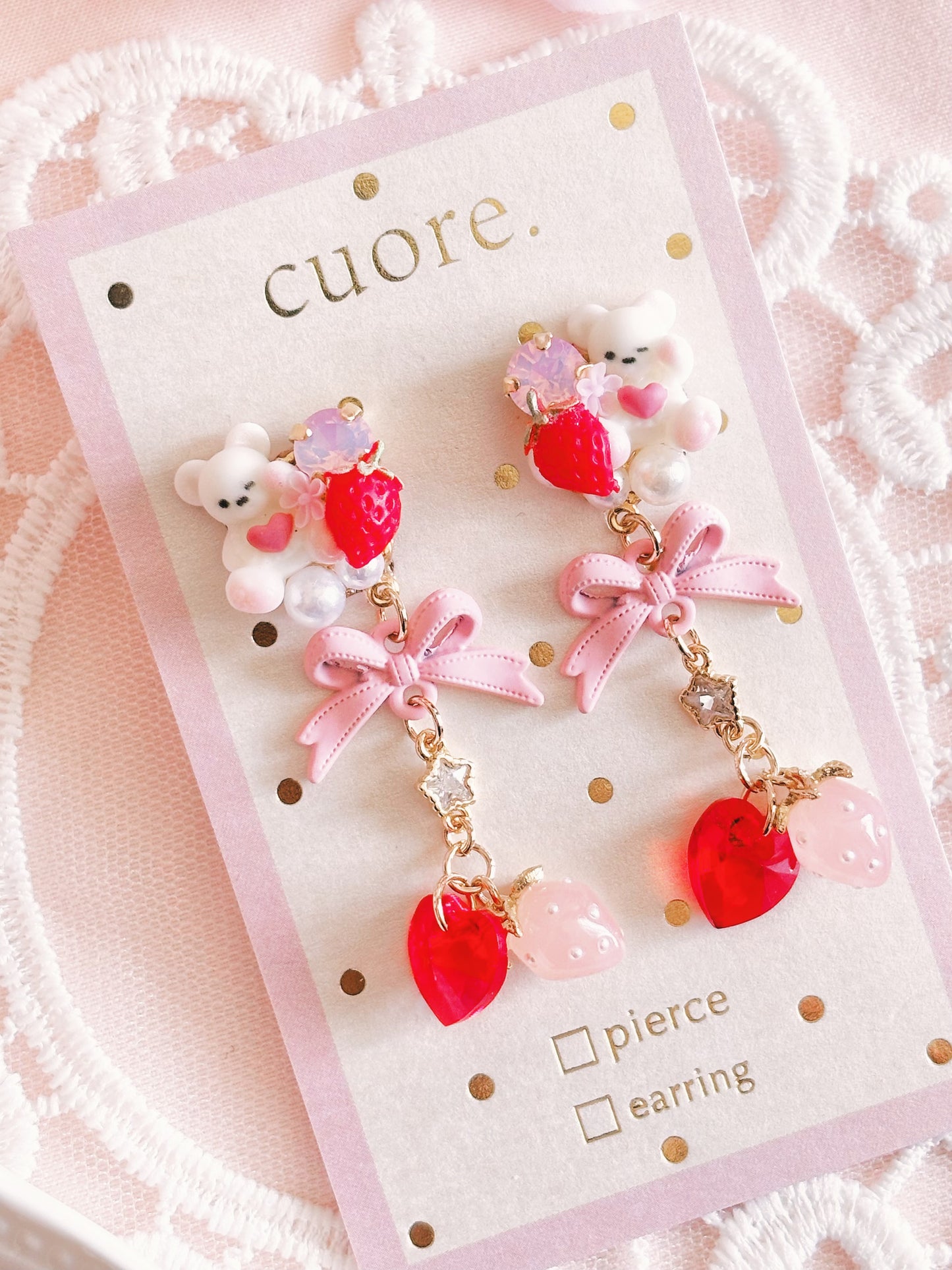 日本手工-Cuore 小熊草莓耳環