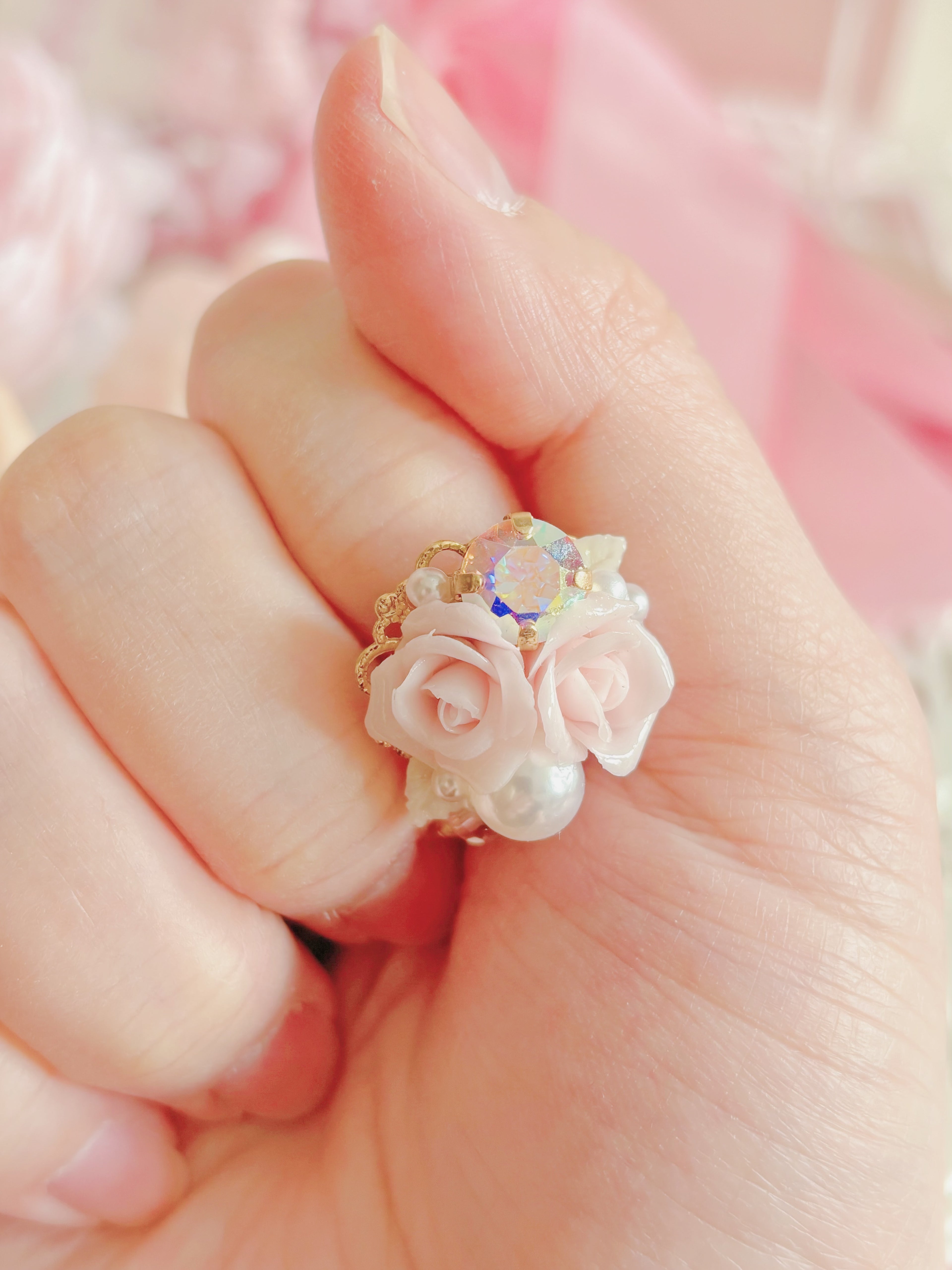 日本手工—樹脂玫瑰花水晶戒指
