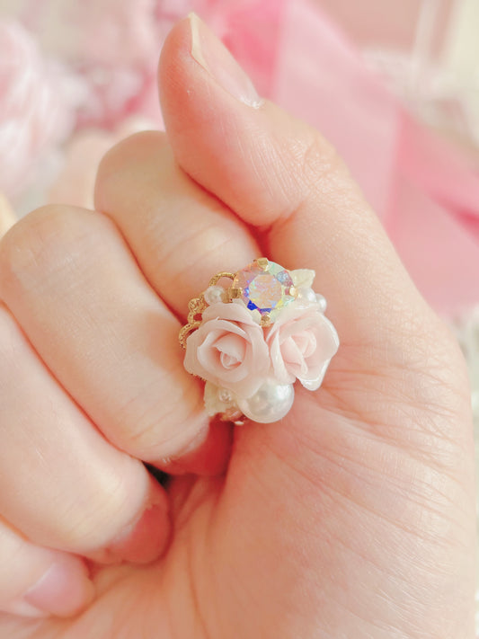 日本手工—樹脂玫瑰花水晶戒指