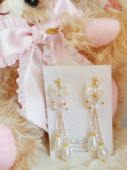 蝴蝶結透亮珍珠耳環