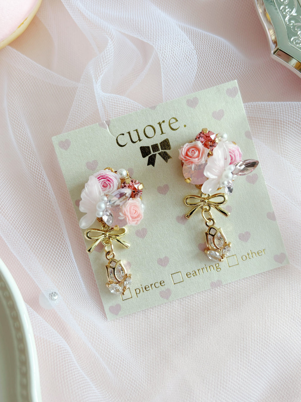日本手工｜Cuore蝴蝶結玫瑰花耳環