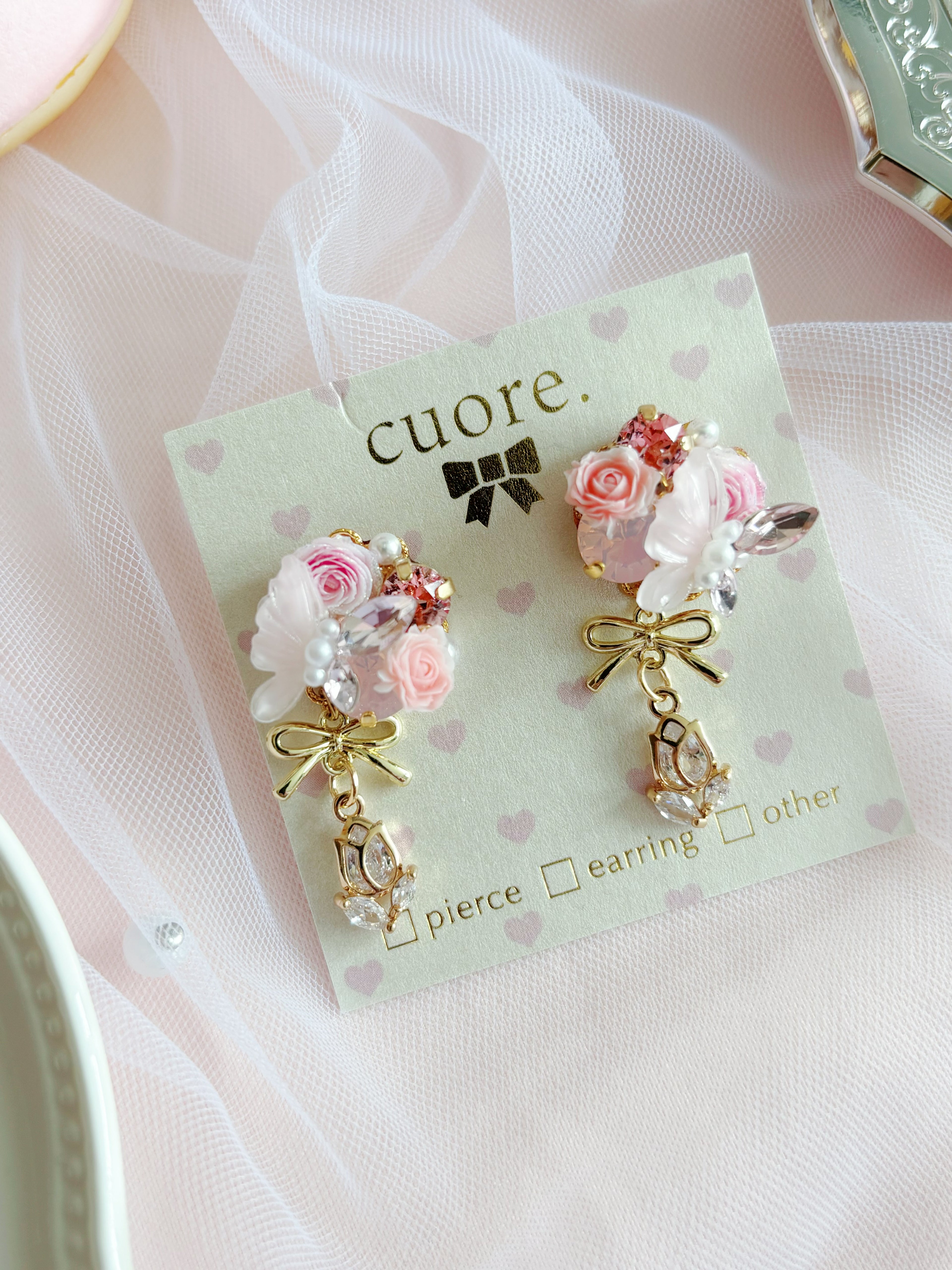 日本手工｜Cuore蝴蝶結玫瑰花耳環