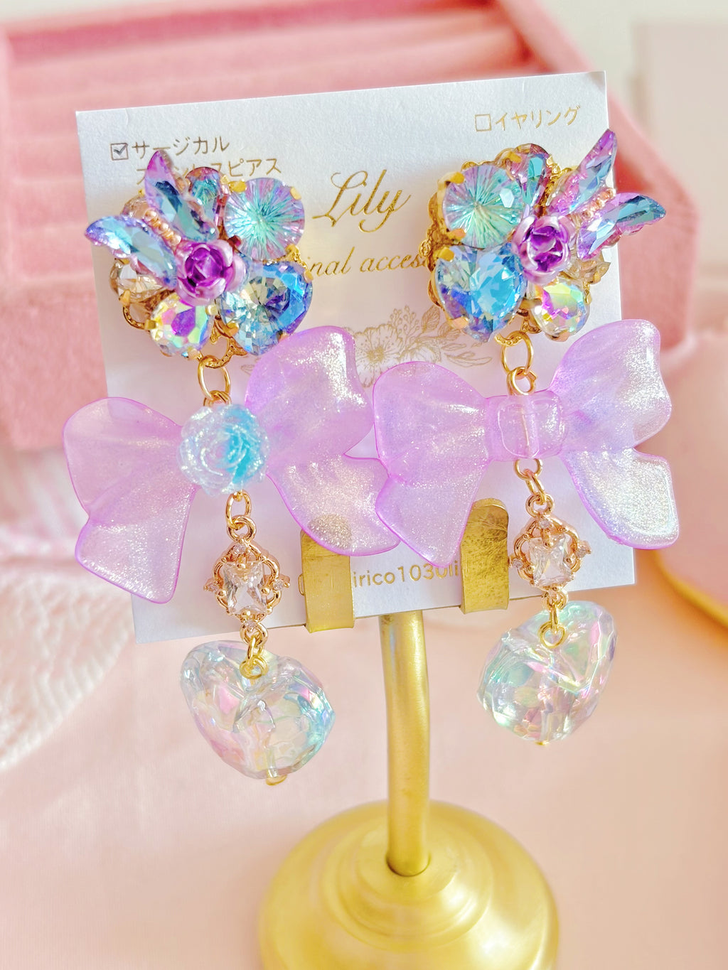 日本手工—Lily紫色幻彩心心耳環