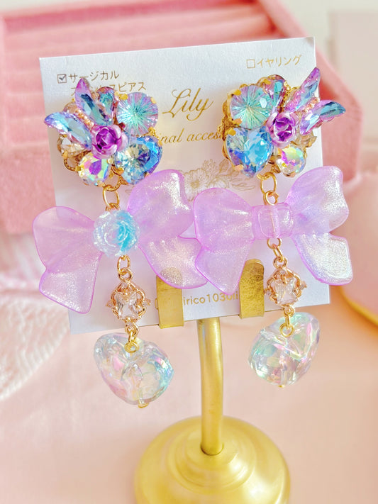 日本手工—Lily紫色幻彩心心耳環