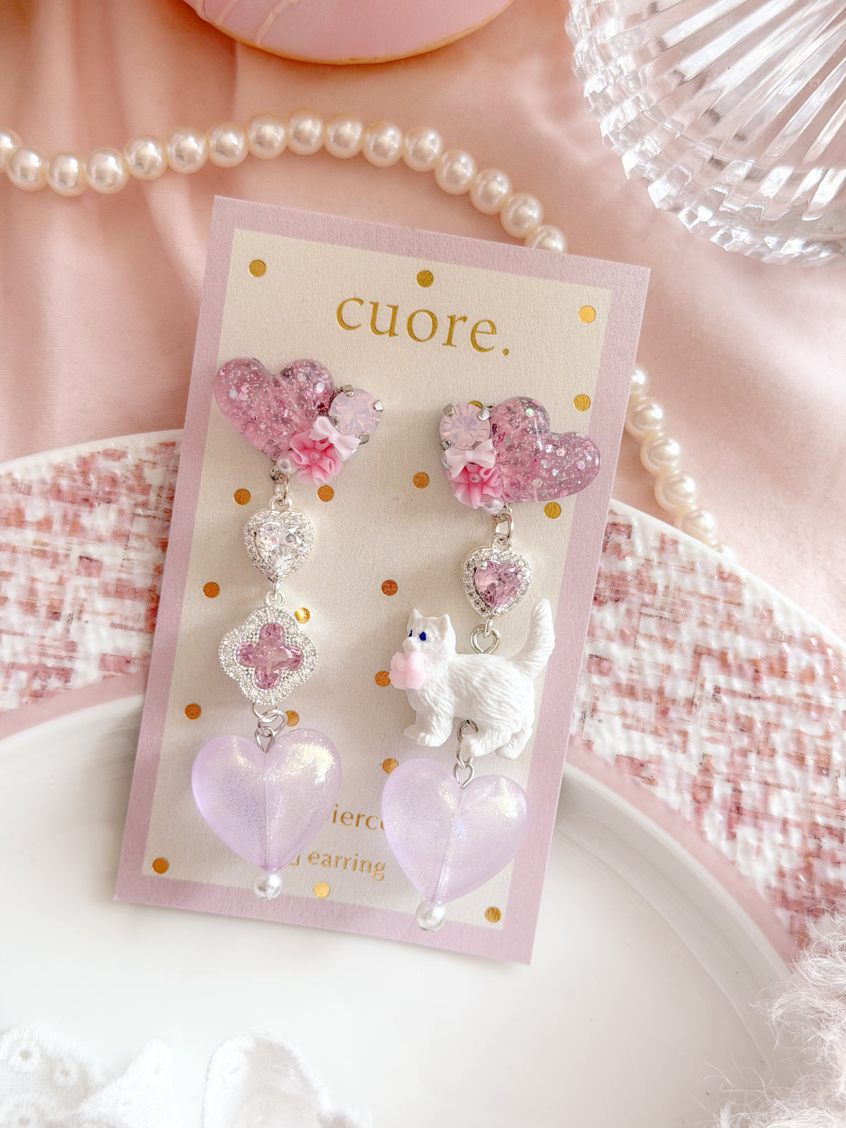 CUORE｜小貓愛心水晶花朵耳環