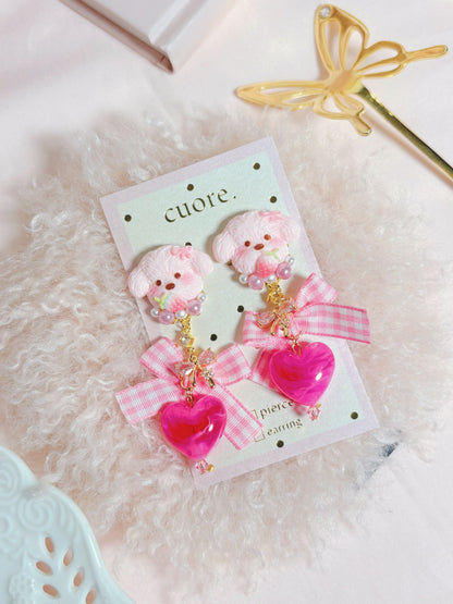 日本手作-可愛小狗蝴蝶結心心耳環