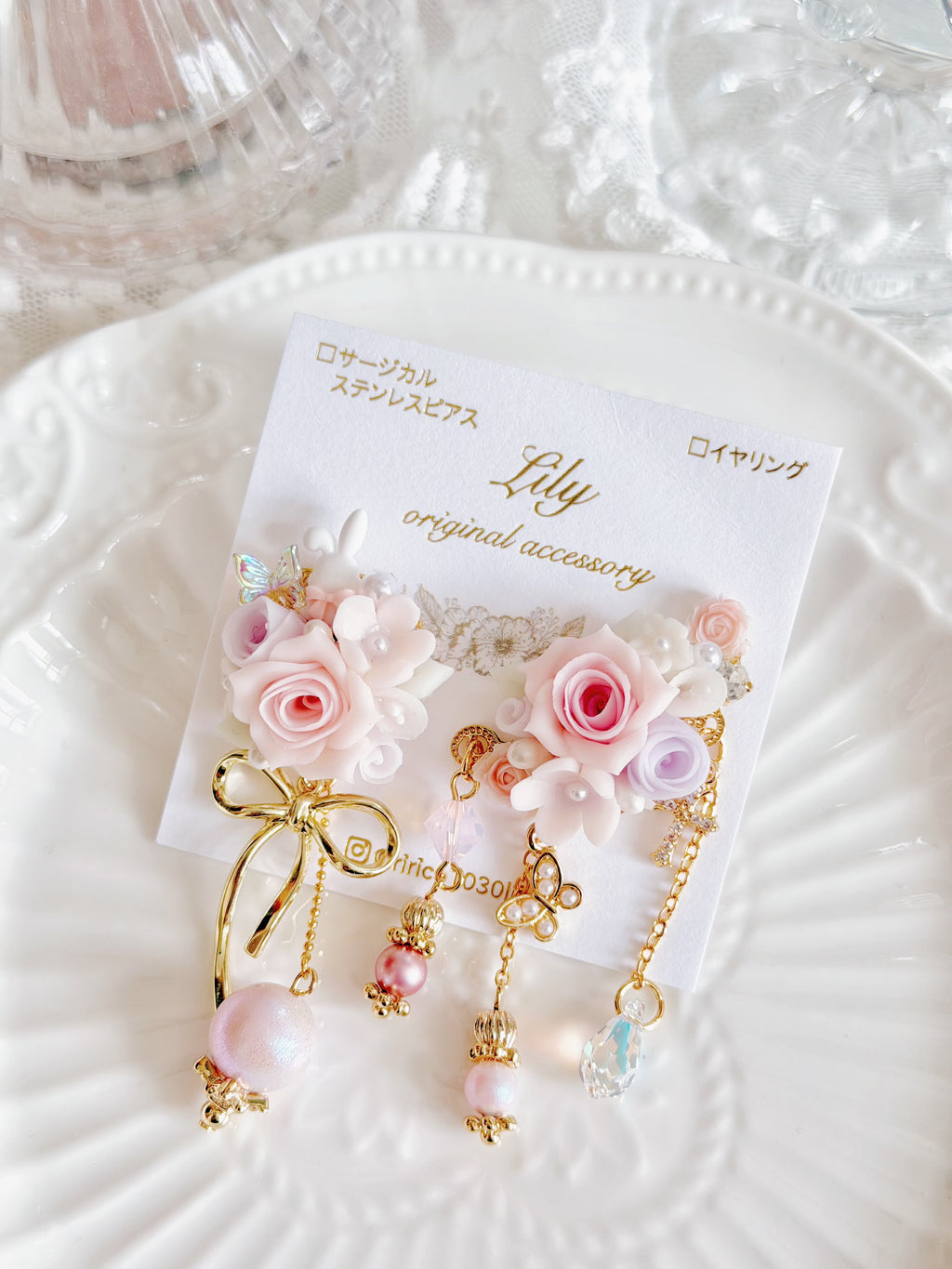 日本手工｜ Lily 玫瑰小兔華麗耳環