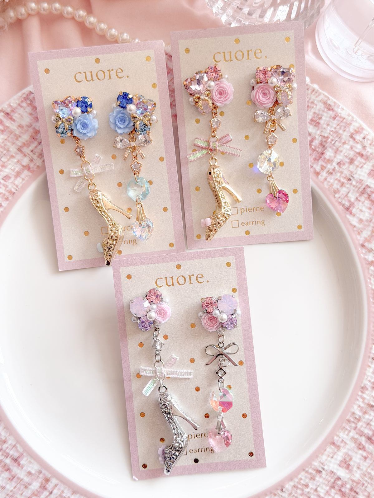 CUORE｜玫瑰花水晶高跟鞋垂墜耳環