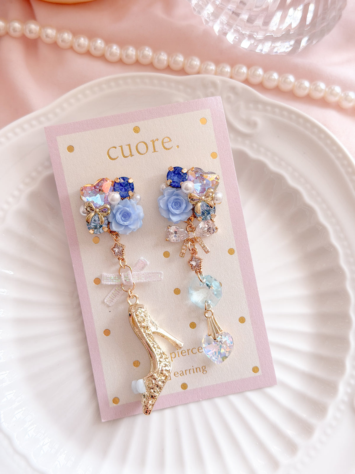 CUORE｜玫瑰花水晶高跟鞋垂墜耳環