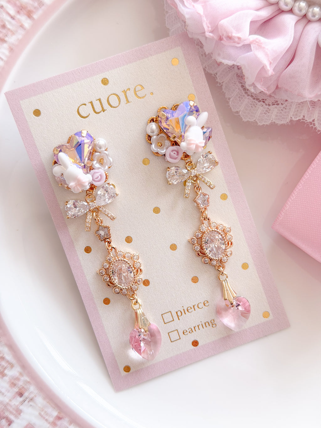 CUORE｜星光公主．小兔花朵水晶垂墜耳環