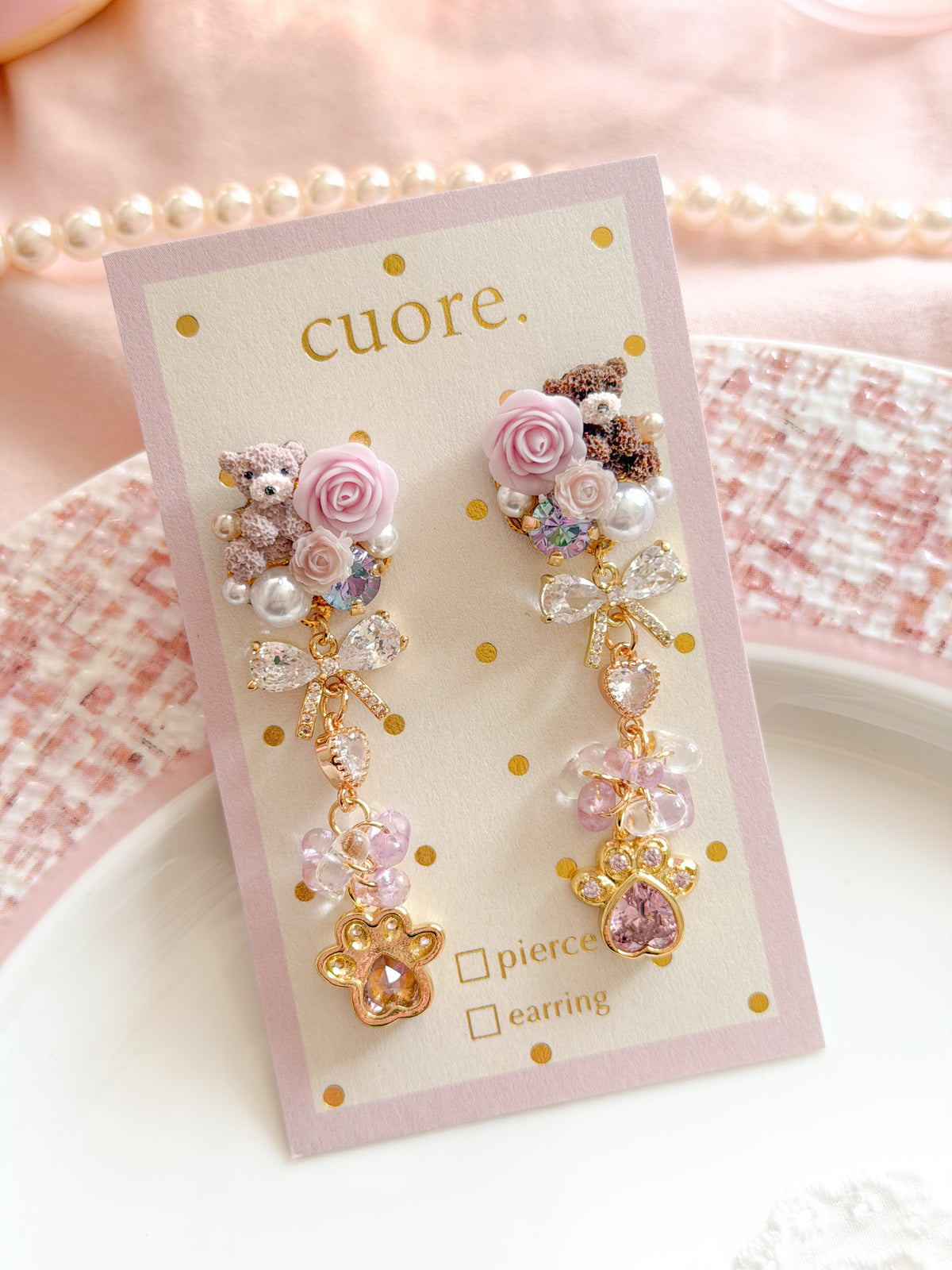 CUORE｜星光公主．小熊玫瑰珍珠水滴耳環