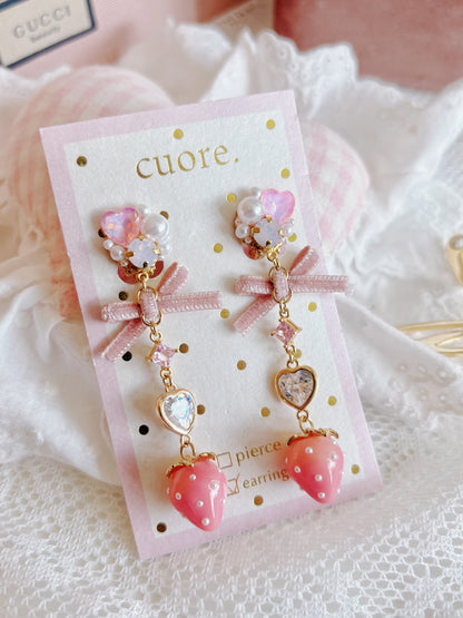 日本手工—蝴蝶結草莓水晶粉色耳夾￼