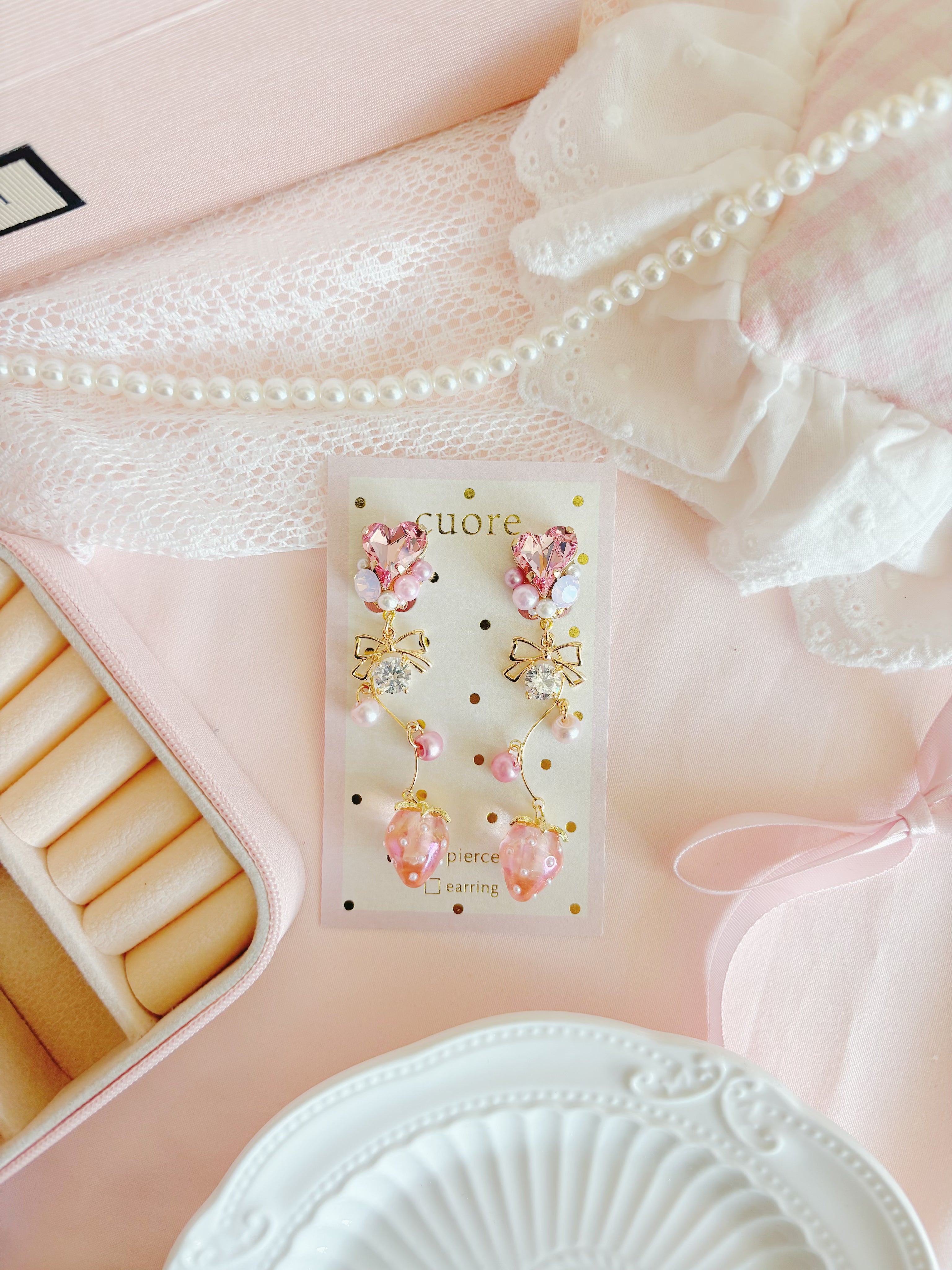 心心半透草莓耳針/耳夾