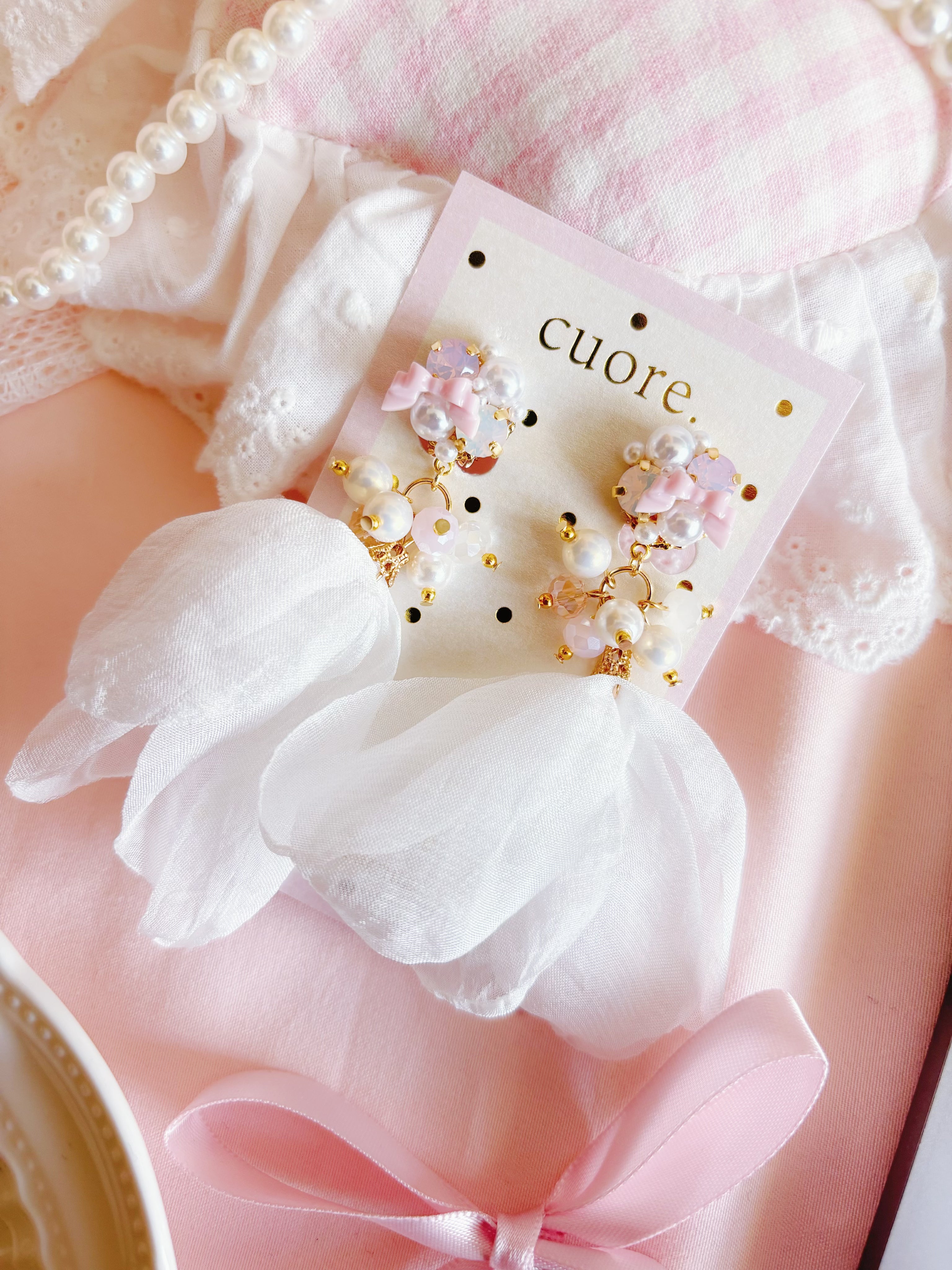 日本手工—白色紗珍珠耳夾