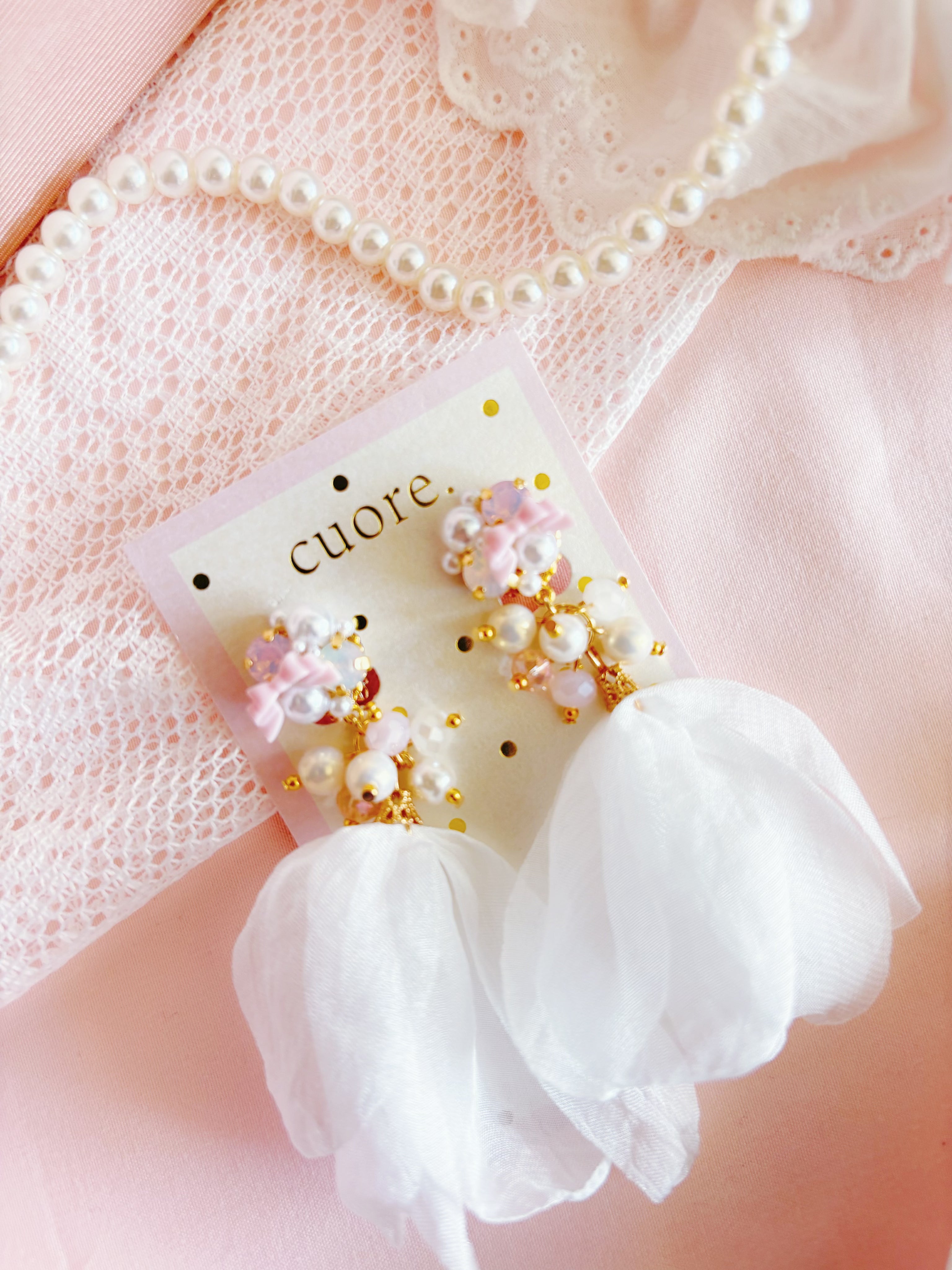 日本手工—白色紗珍珠耳夾