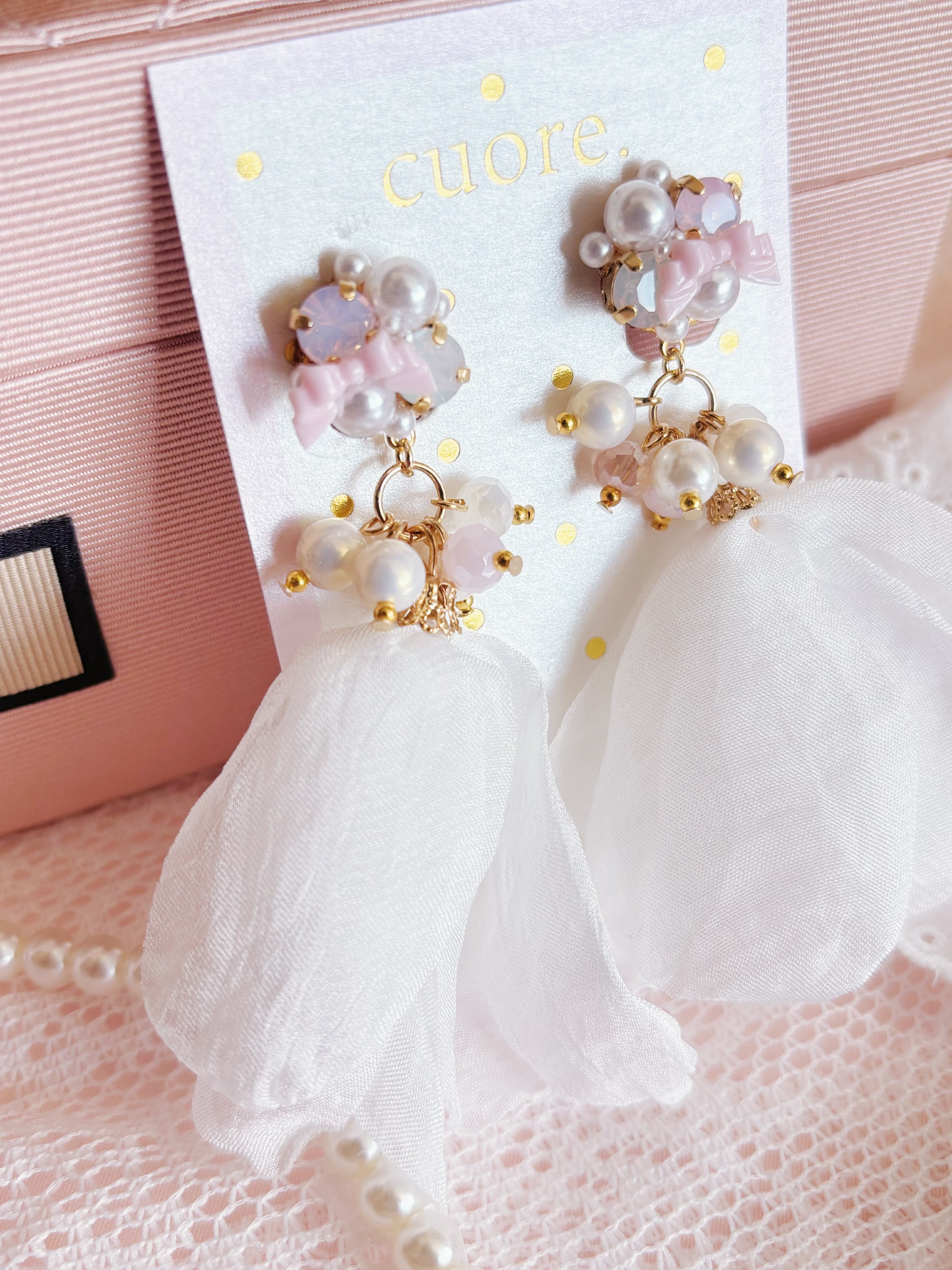 日本手工—白色紗珍珠耳夾