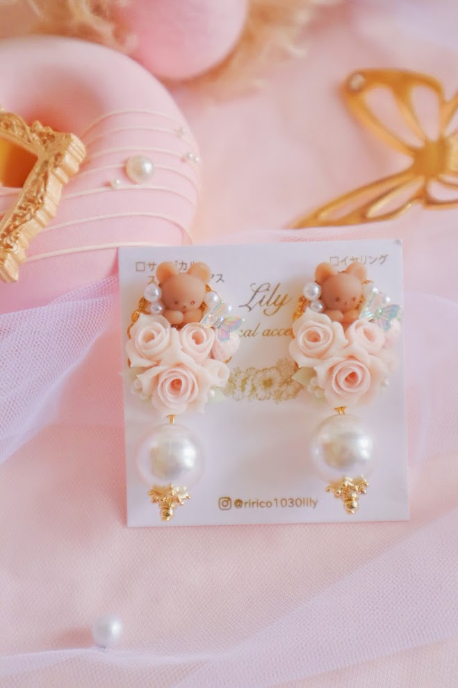 日本手工 | LILY 小熊玫瑰花立體耳環