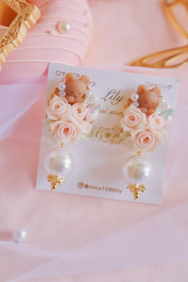 日本手工 | LILY 小熊玫瑰花立體耳環