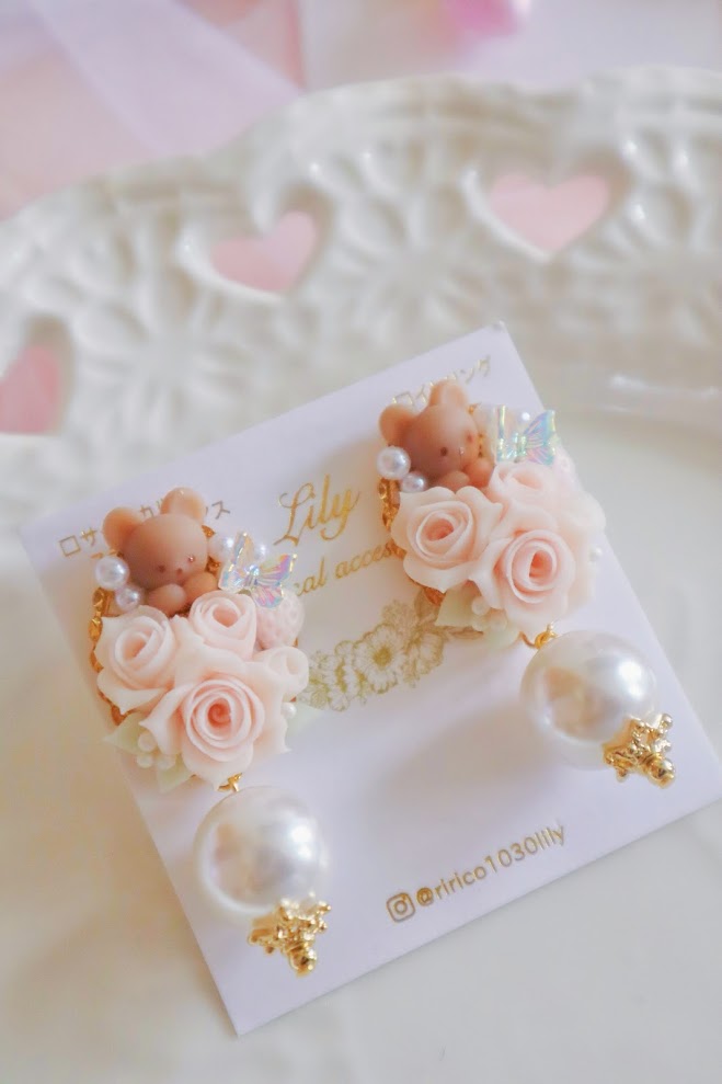 日本手工 | LILY 小熊玫瑰花立體耳環