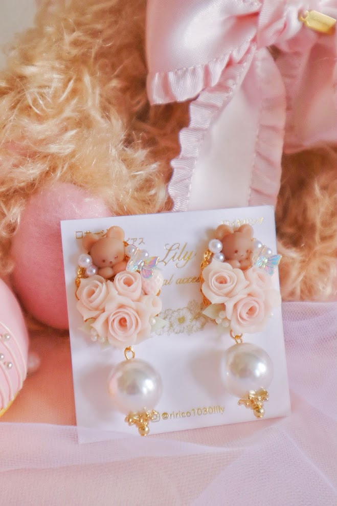 日本手工 | LILY 小熊玫瑰花立體耳環