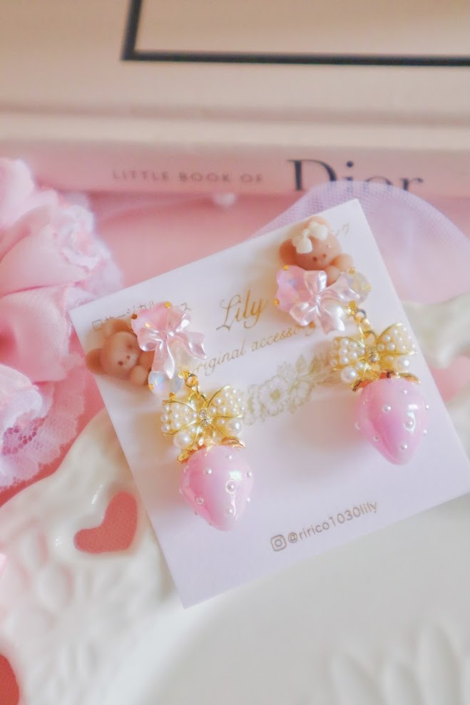 日本手工 | LILY 粉色可愛小熊耳環