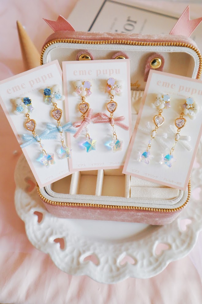 日本手工 | EMEPUPU 圍巾小熊水晶蝴蝶結耳環