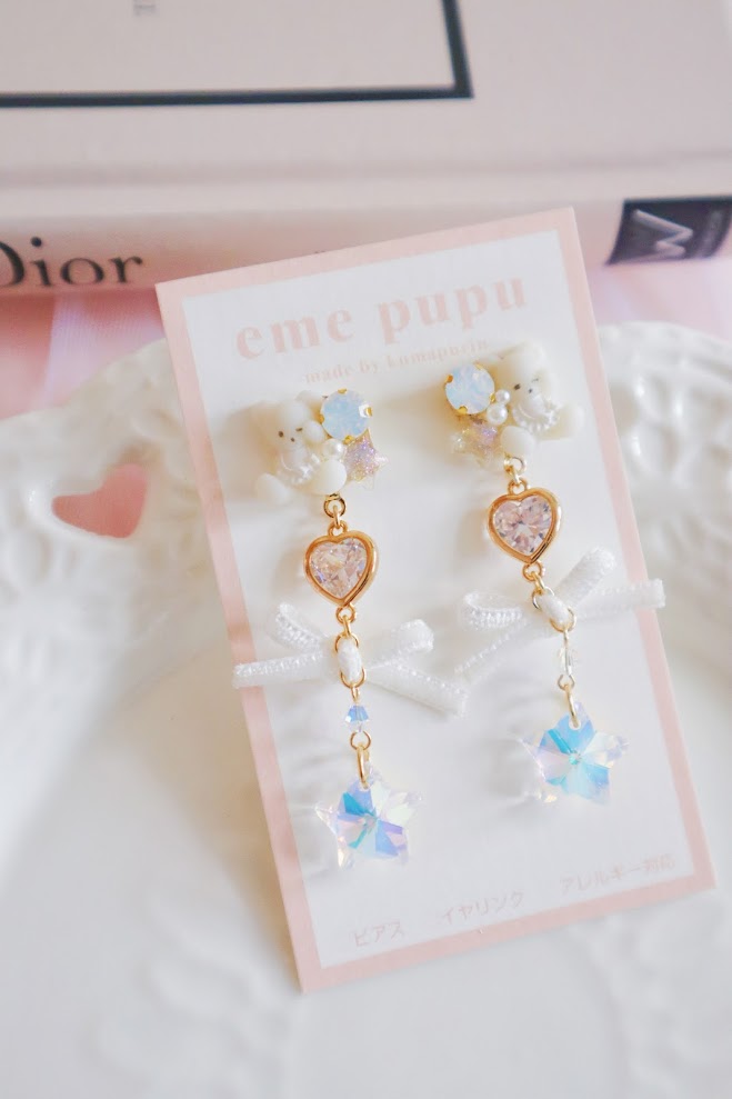 日本手工 | EMEPUPU 圍巾小熊水晶蝴蝶結耳環