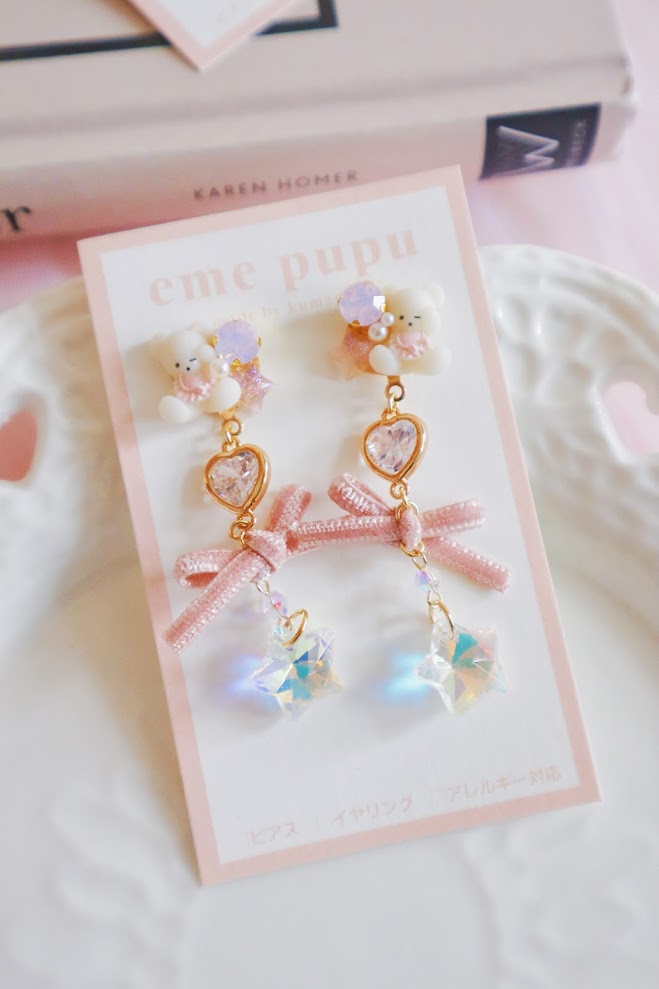 日本手工 | EMEPUPU 圍巾小熊水晶蝴蝶結耳環