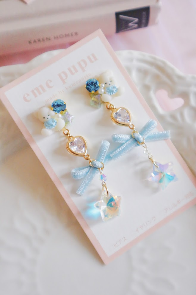 日本手工 | EMEPUPU 圍巾小熊水晶蝴蝶結耳環