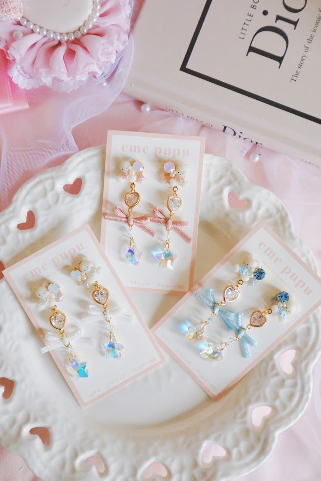 日本手工 | EMEPUPU 圍巾小熊水晶蝴蝶結耳環