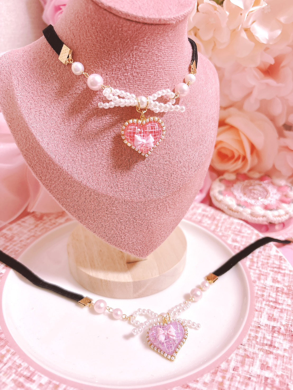 日系手繪心心絨毛短頸鏈