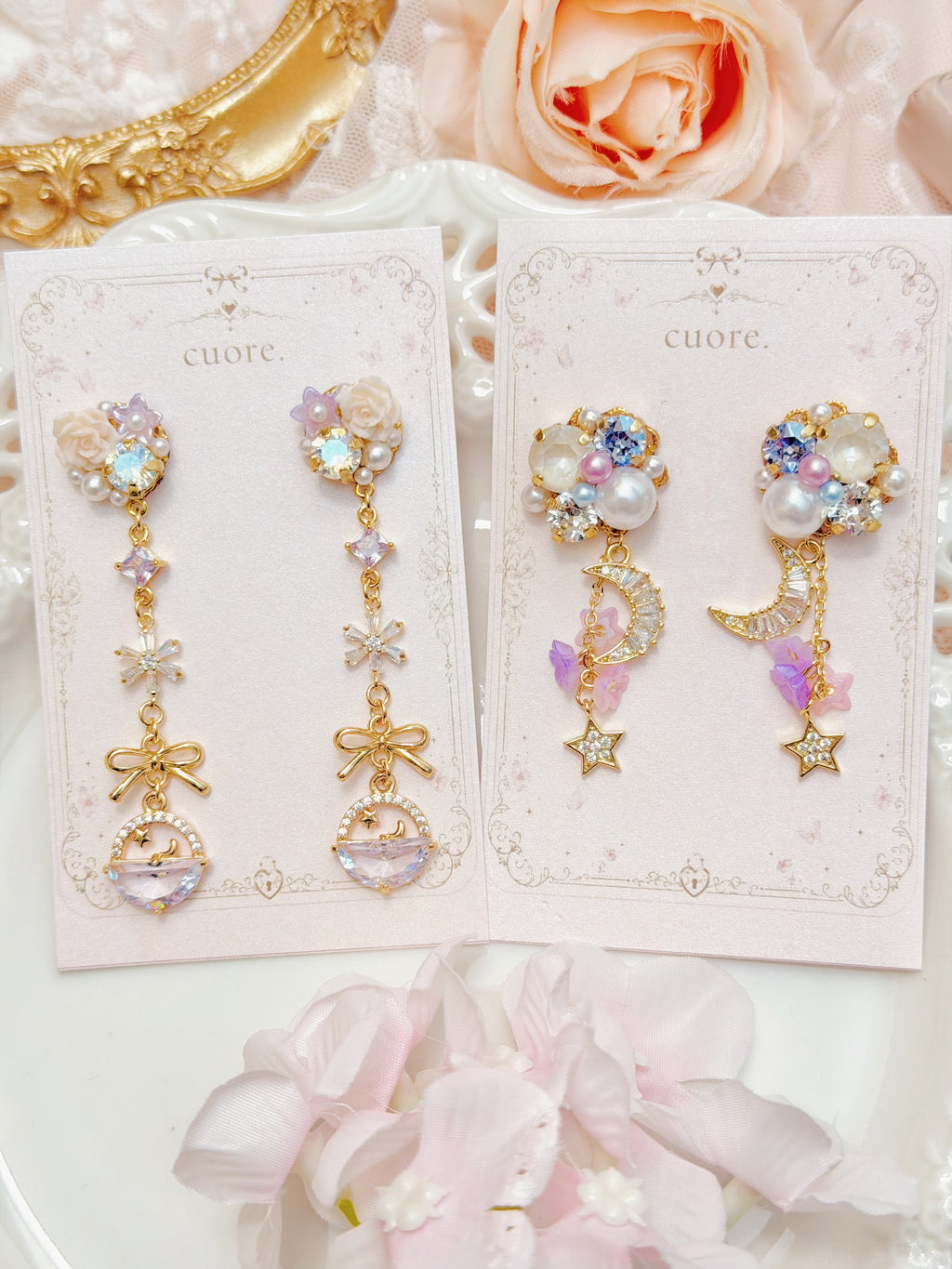 Cuore 星空玫瑰星球蝴蝶結長耳環