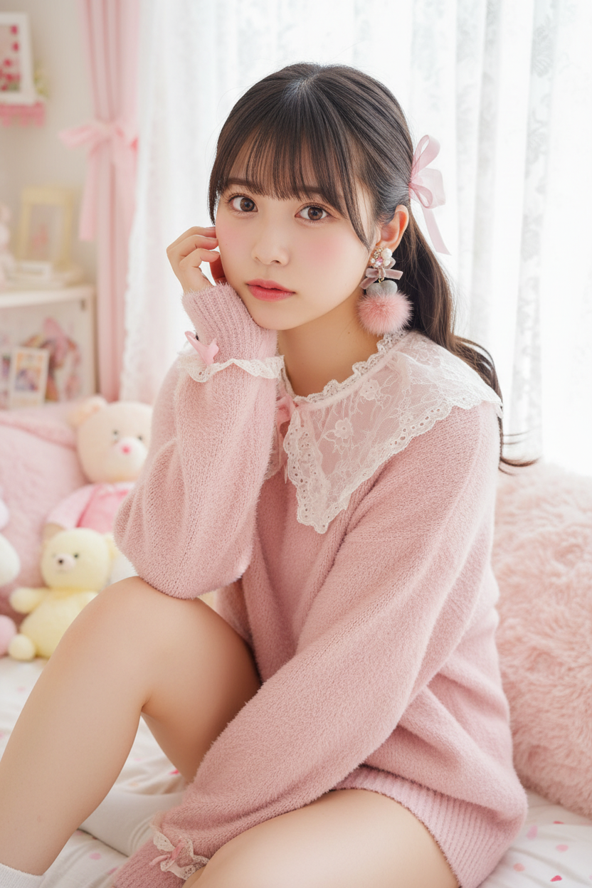 Cuore粉色毛絨耳環 - 年輕少女臥室