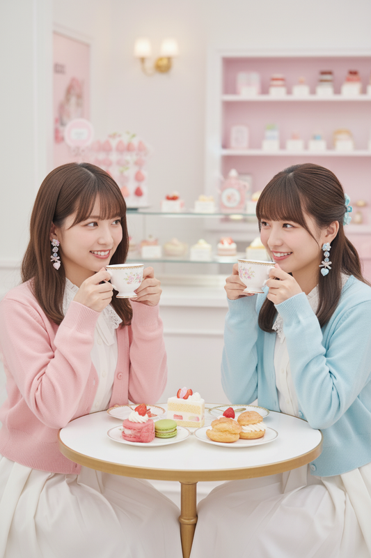 兩位模特兒配戴Cuore愛心耳環 - 甜點店