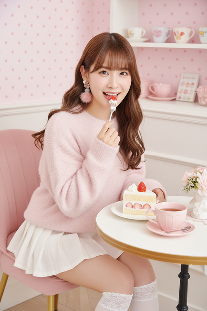 Cuore粉色毛絨耳環 - 年輕少女甜點店