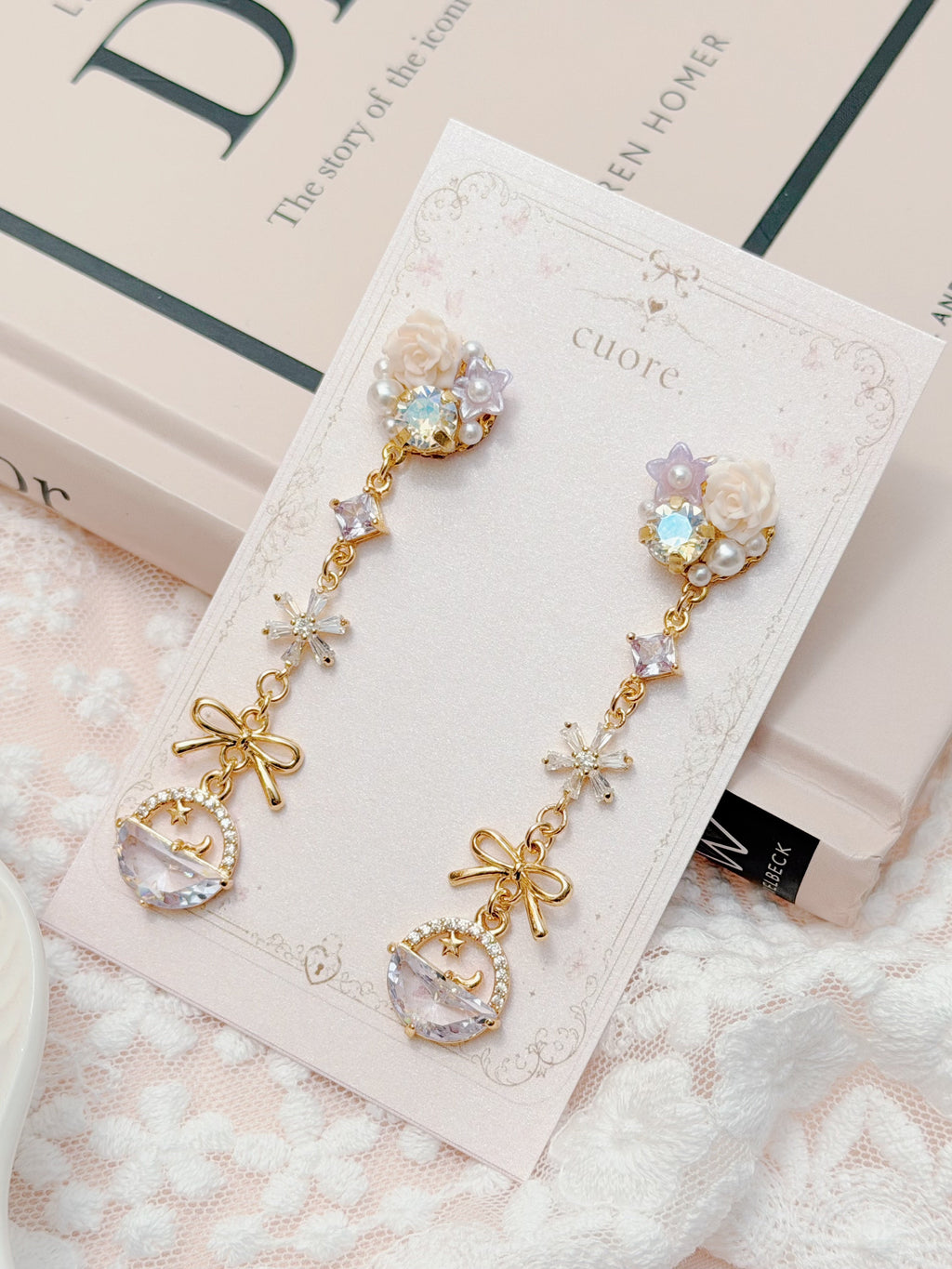 Cuore 星空玫瑰星球蝴蝶結長耳環